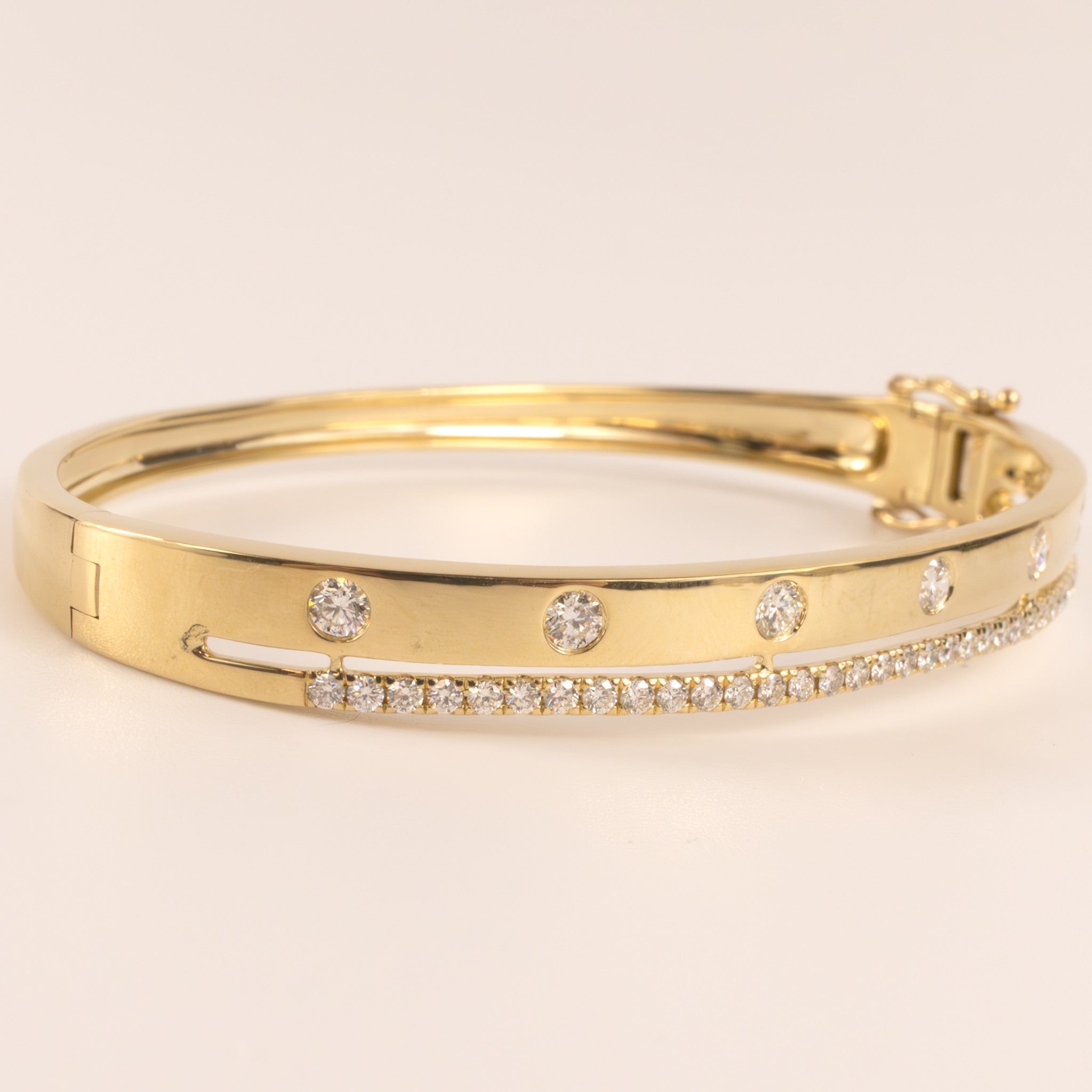 14KYG Diamond Flush and Prong Two Row Hinged Bangle Bracelet
