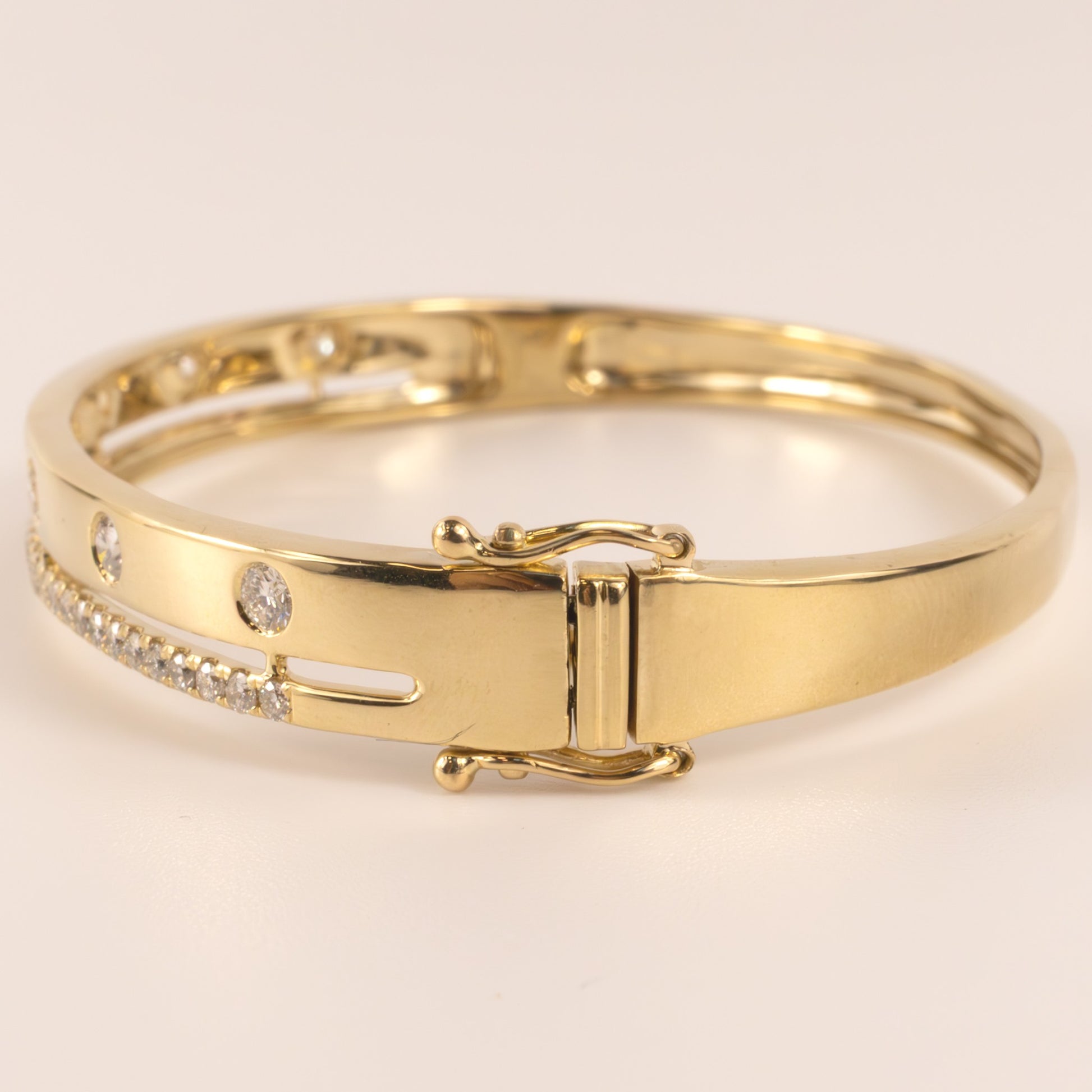 14KYG Diamond Flush and Prong Two Row Hinged Bangle Bracelet