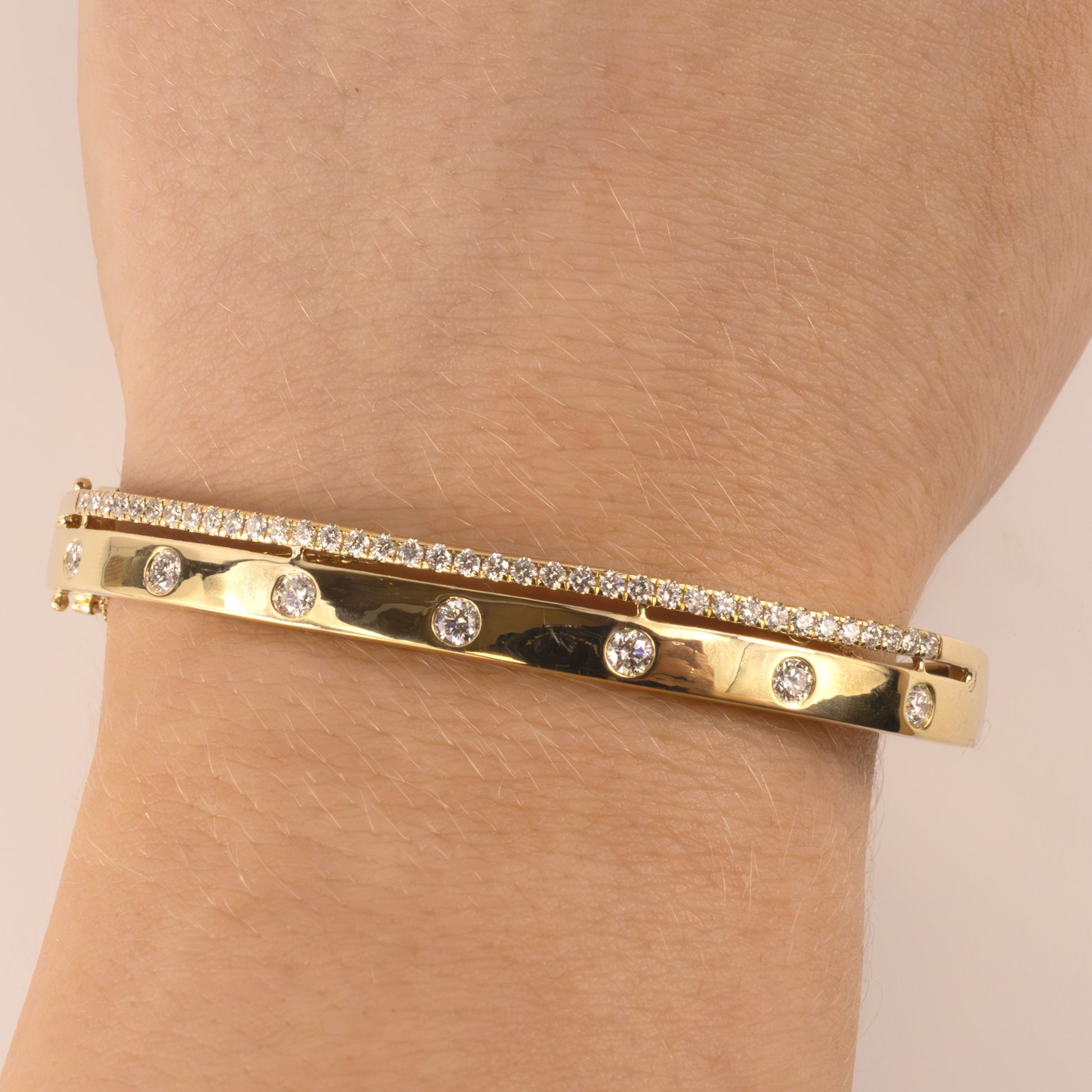14KYG Diamond Flush and Prong Two Row Hinged Bangle Bracelet