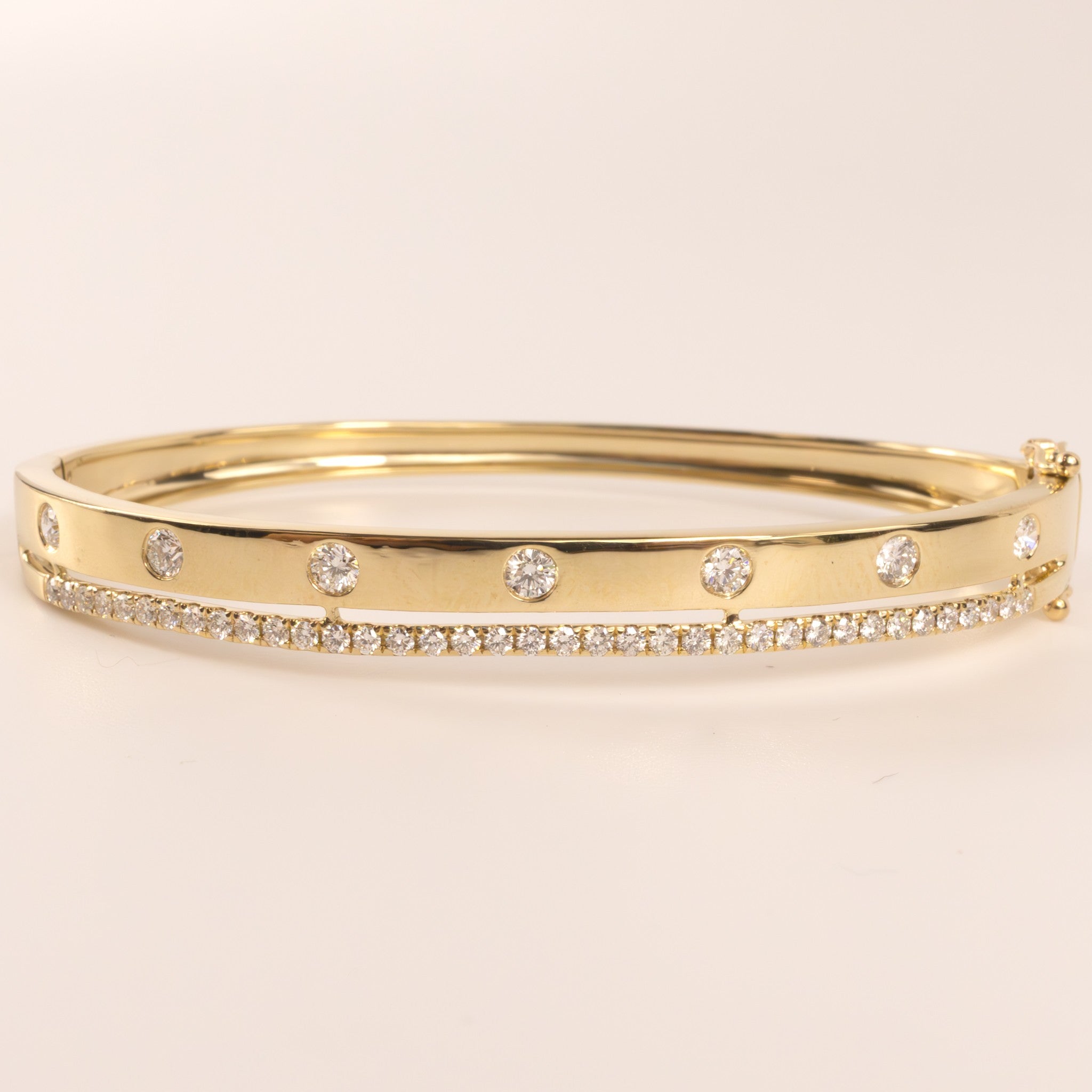 14KYG Diamond Flush and Prong Two Row Hinged Bangle Bracelet