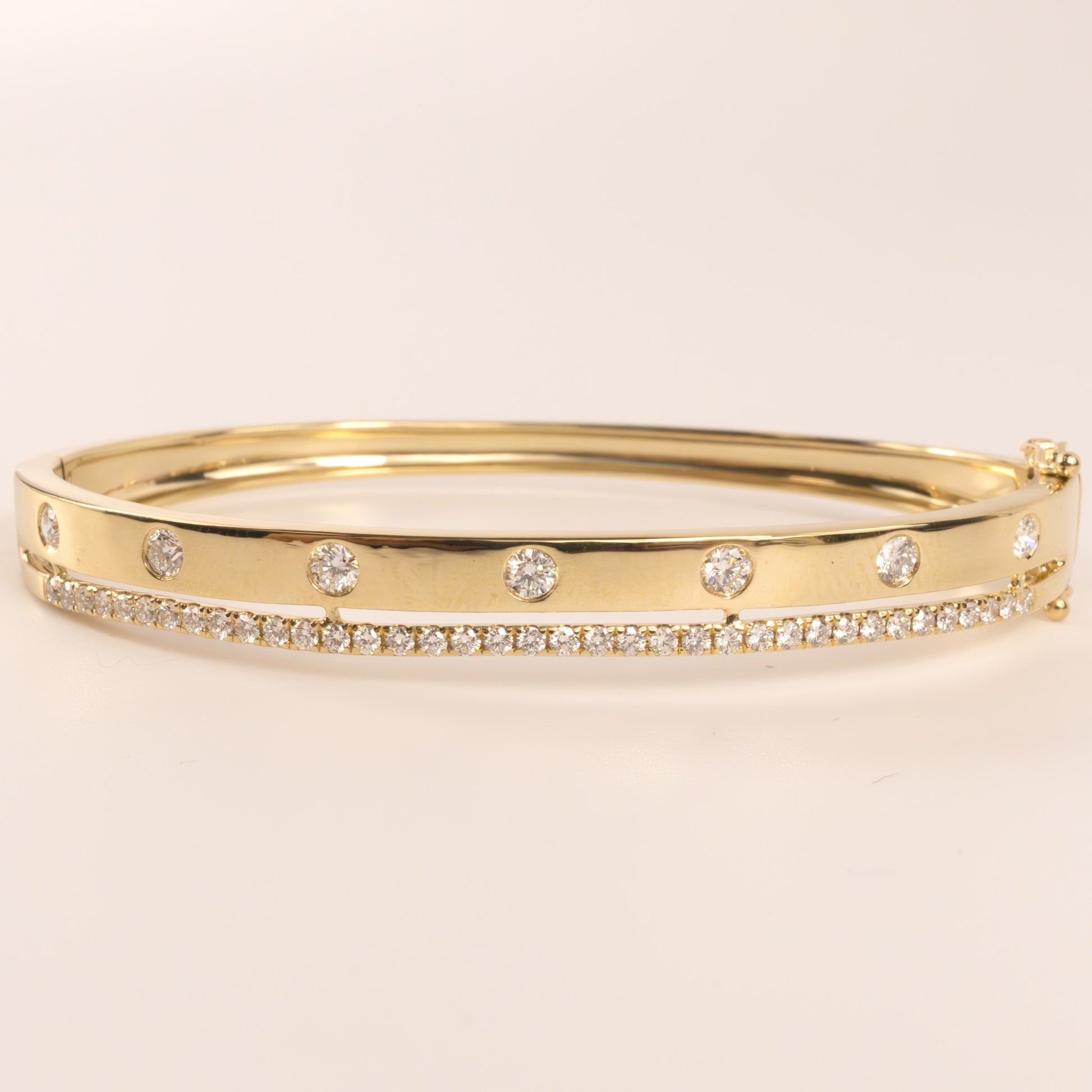 14KYG Diamond Flush and Prong Two Row Hinged Bangle Bracelet