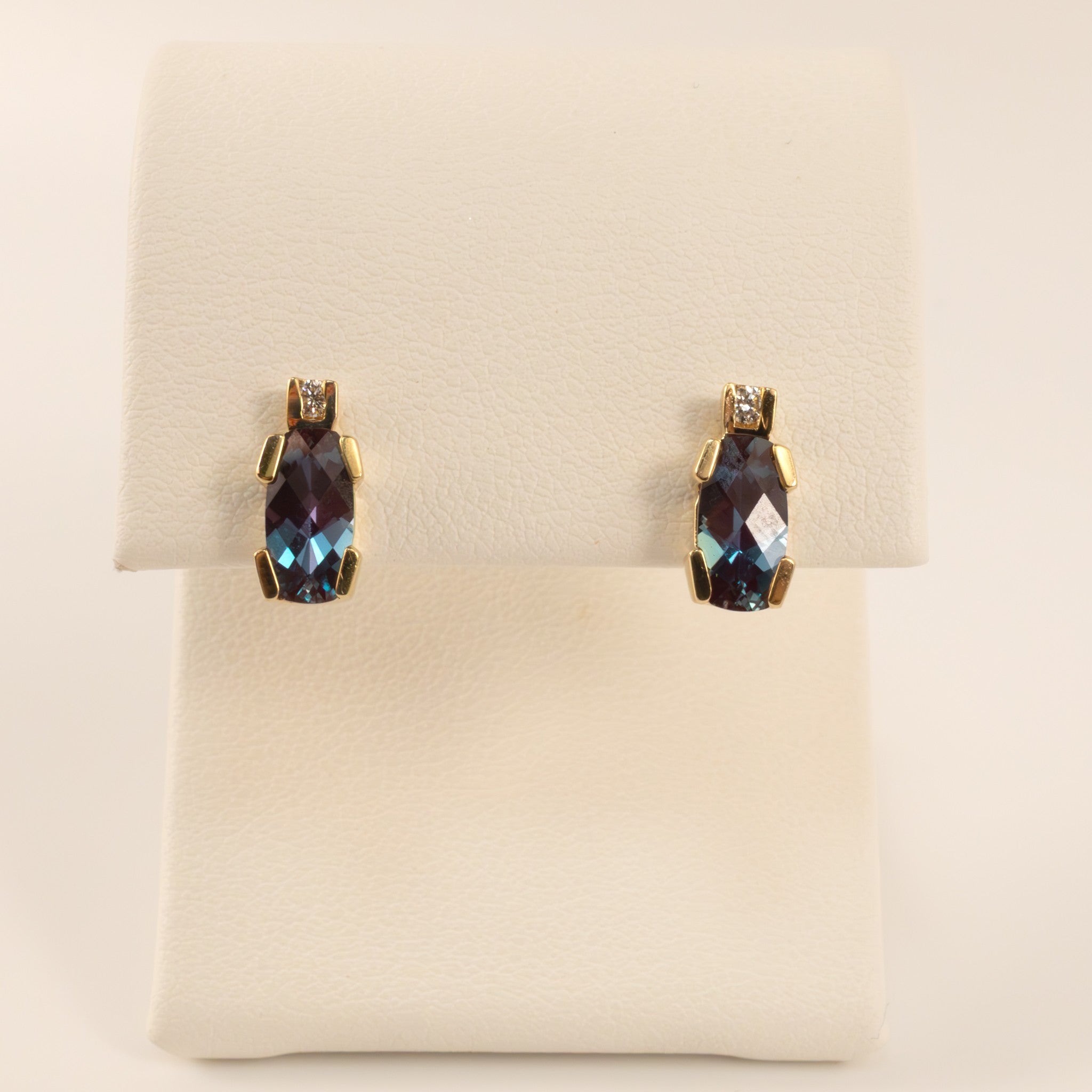14KYG Lab Grown Alexandrite Colored Corundum and Diamond Stud Earrings