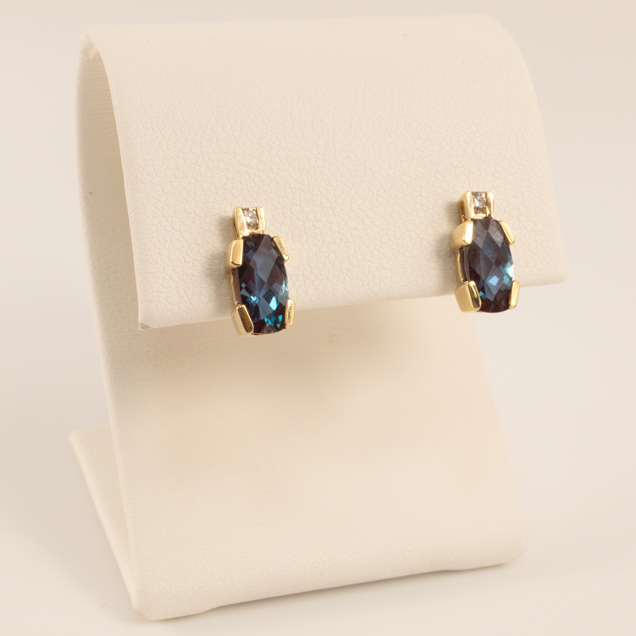 14KYG Lab Grown Alexandrite Colored Corundum and Diamond Stud Earrings