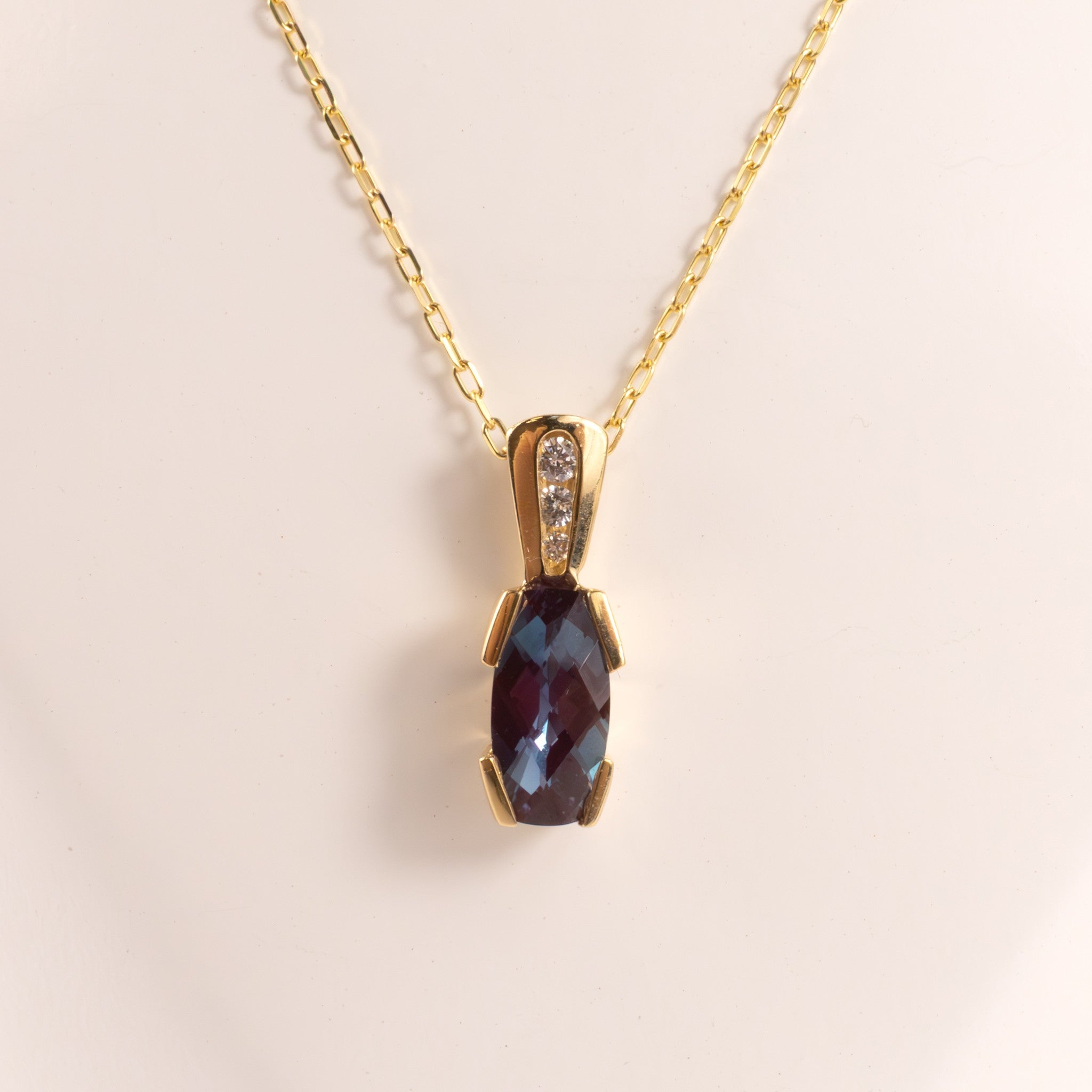 14KYG Lab Grown Alexandrite Colored Corundum and Diamond Necklace