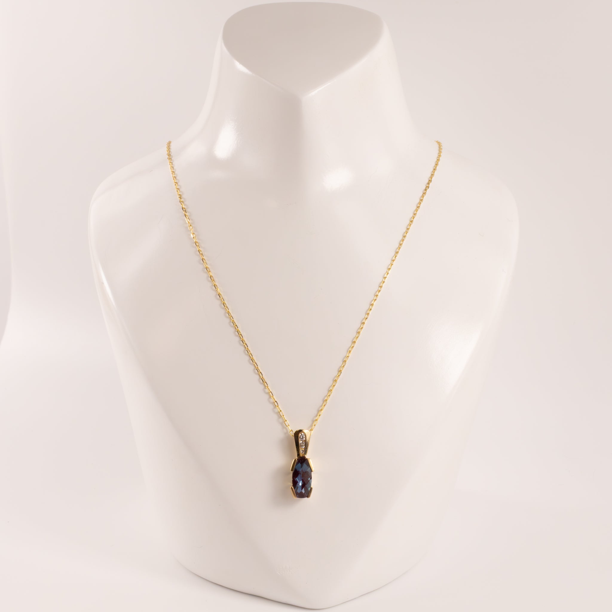14KYG Lab Grown Alexandrite Colored Corundum and Diamond Necklace