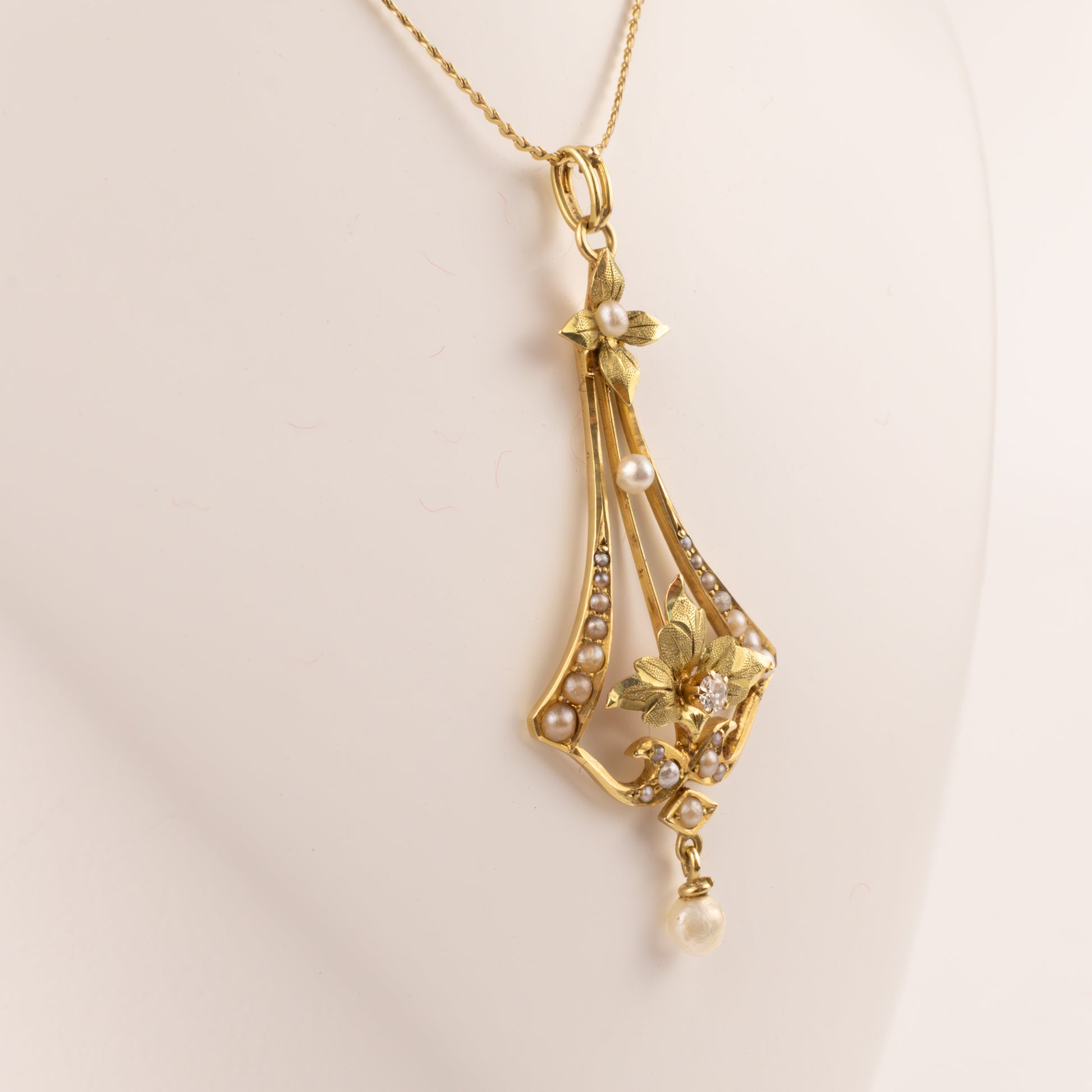 14K Yellow and Green Gold Vintage Pearl and Diamond Art Nouveau Necklace