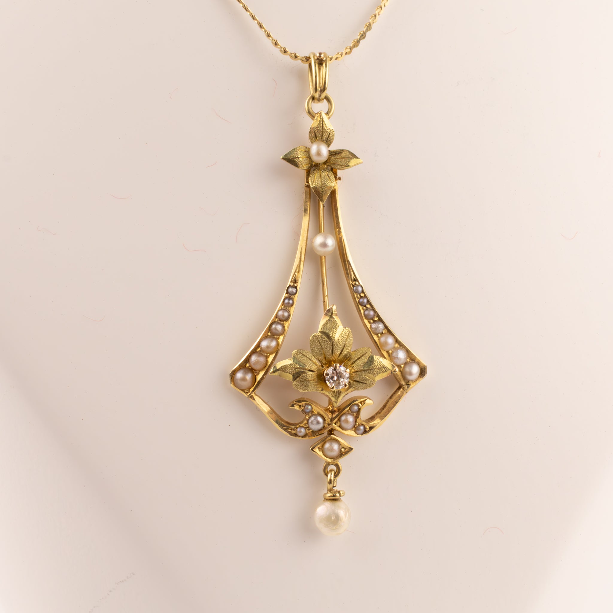 14K Yellow and Green Gold Vintage Pearl and Diamond Art Nouveau Necklace