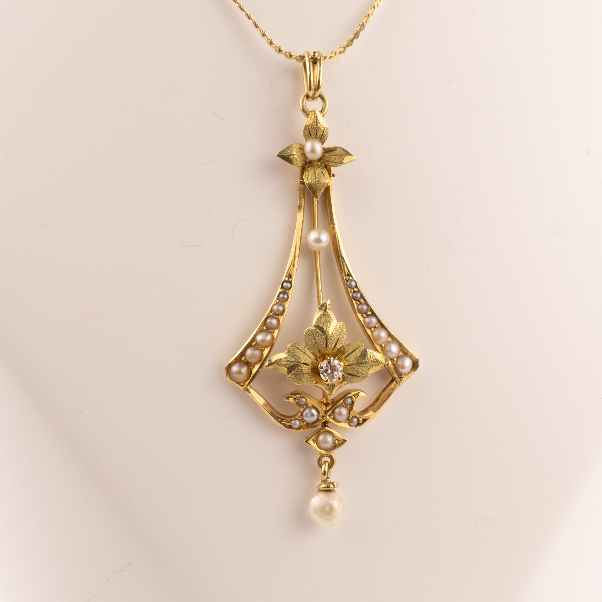 14K Yellow and Green Gold Vintage Pearl and Diamond Art Nouveau Necklace